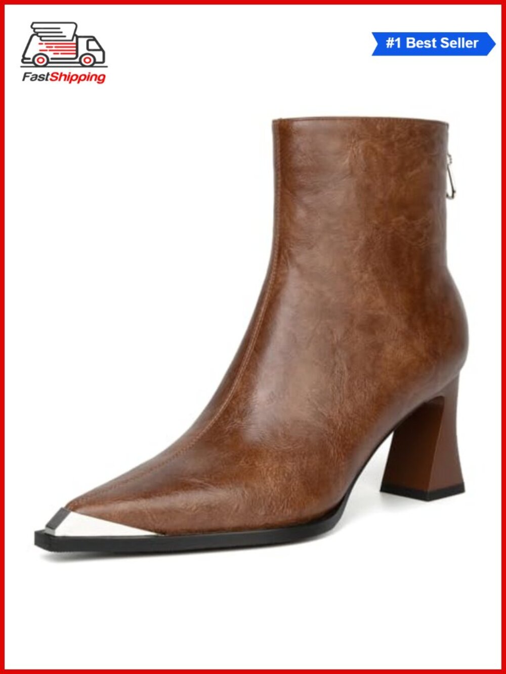 ✨ Pointed Toe Ankle Boots Metal Faux Leather Side Zipper Chunky Block Heels